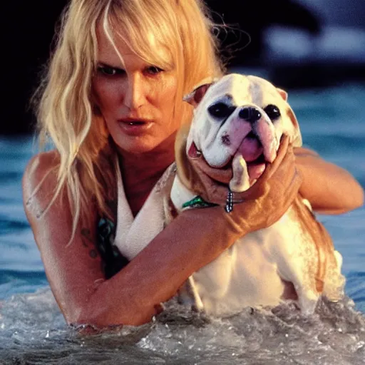 Image similar to daryl hannah in splash with a staffordshire bulldog, professional lighting, cinematic, ultra detailed, perfect face, rules of thirds.