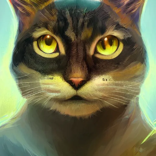 Image similar to a cat with a halo, highly detailed, fantasy, concept art, large yellow eyes, smooth art, illustration, sharp focus, artstation, digital art