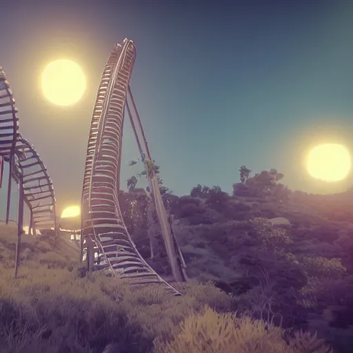 Image similar to roller coaster, liminal space, unreal engine, octane render, houdini