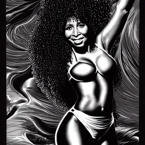 Image similar to chaka khan by clyde caldwell, very detailed, low contrast, dark background, 4 k