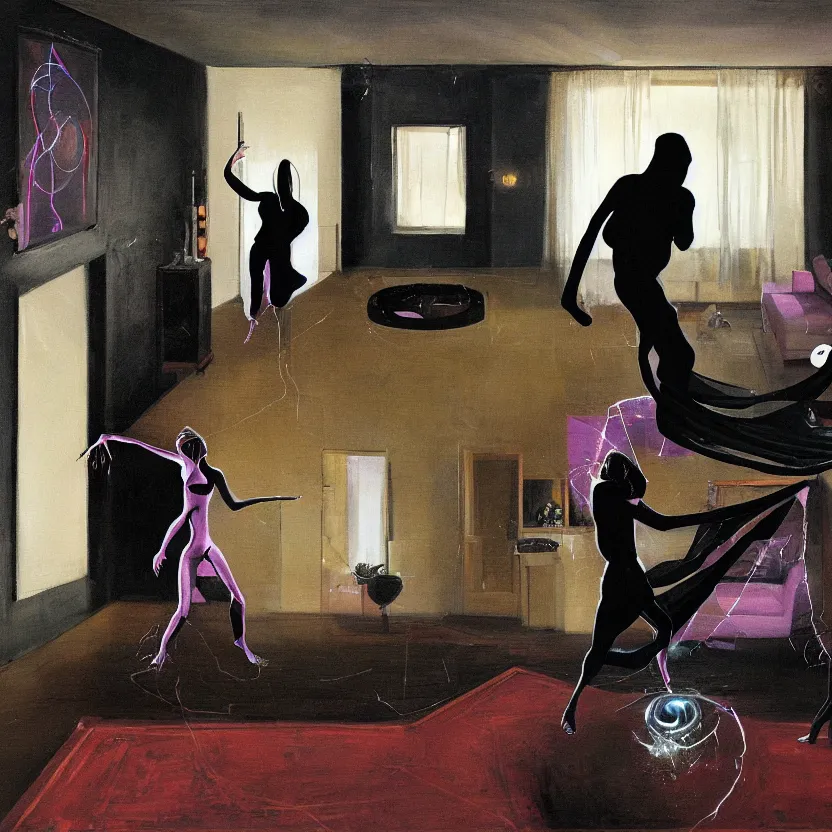 Prompt: Detailed image of a man and woman start to bounce in a living room of a house, floating dark energy surrounds the middle of the room. There is one living room plant to the side of the room, surrounded by a background of dark cyber mystic alchemical transmutation heavenless realm, by francis bacon and Jenny seville, midnight hour, part by adrian ghenie, part by jeffrey smith, part by josan gonzales, part by norman rockwell, part by phil hale, part by kim dorland, artstation, highly detailed