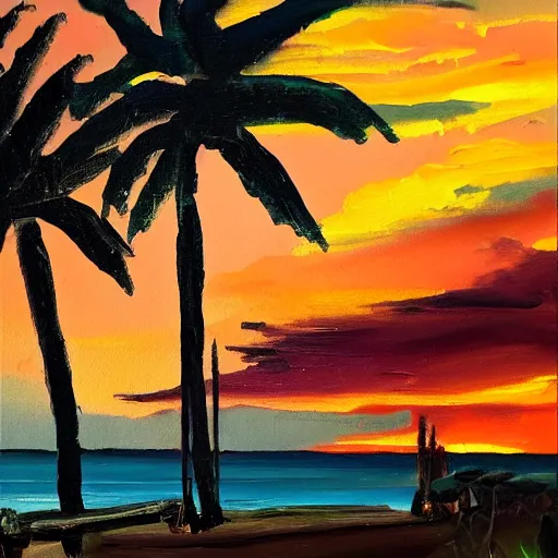 Image similar to a very very small island! beautiful woman!! palm trees, dark very late evening cloudy sunset, dramatic and dynamic lighting, thick brush strokes oil impasto painting