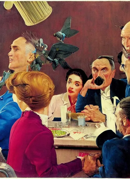 Image similar to dennis hopper berated by an air hostess in a hotel lobby, painted by norman rockwell and tom lovell and frank schoonover, pink and blue