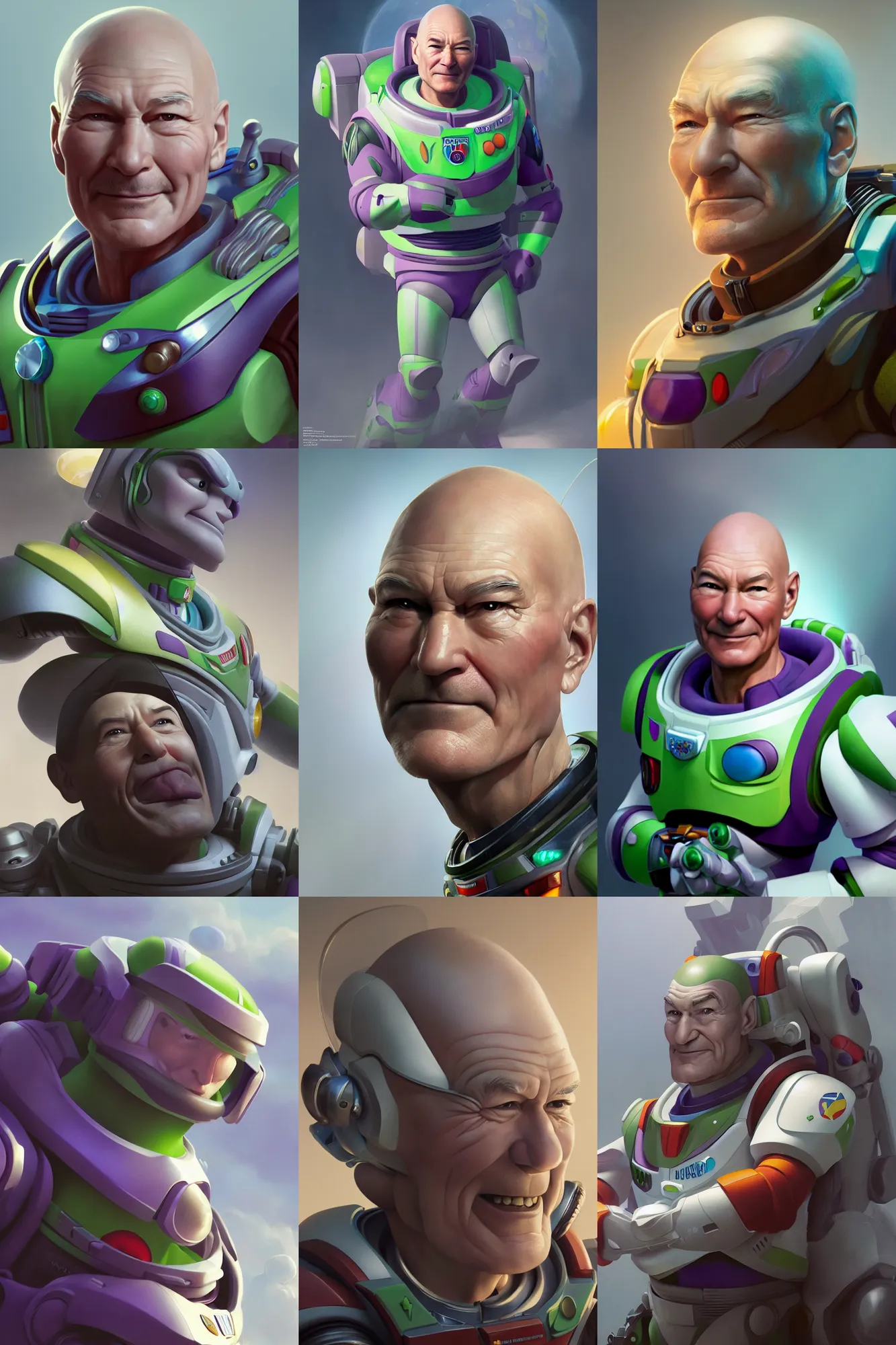 Image similar to patrick stewart as buzz lightyear, 3 d render, hyper - realistic detailed portrait, ruan jia, wlop. scifi, fantasy, magic the gathering, hyper detailed, octane render, concept art, peter mohrbacher