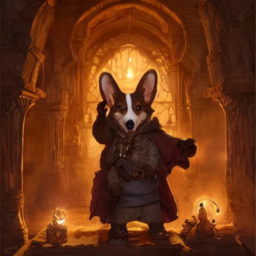 Prompt: d & d character art, corgi thaumaturgist in an arcane workshop, intricate, highly detailed digital illustration, magical, fantasy, glowing, greg rutkowski, artgerm, trending on artstation, 8 k