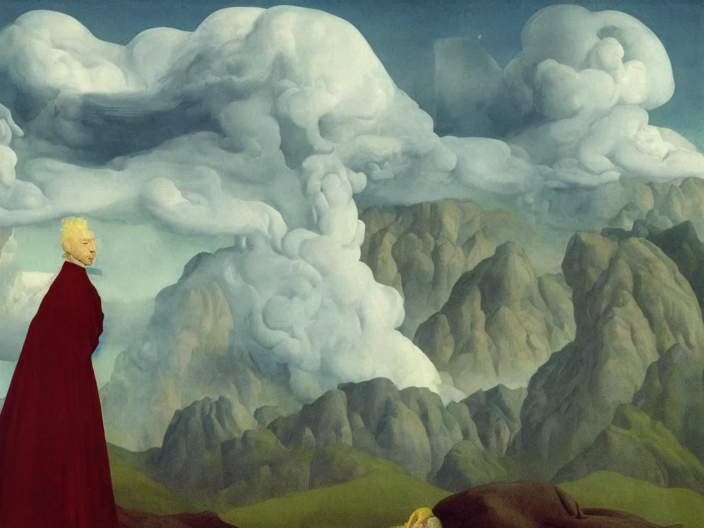 Image similar to albino mystic, with his back turned, looking at a storm over over the mountains in the distance. Painting by Jan van Eyck, Audubon, Rene Magritte, Agnes Pelton, Max Ernst, Walton Ford