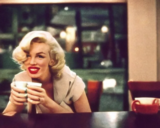 Image similar to A close-up, color cinema film still of a marlin monroe drinking coffee at a starbucks, ambient lighting at night.