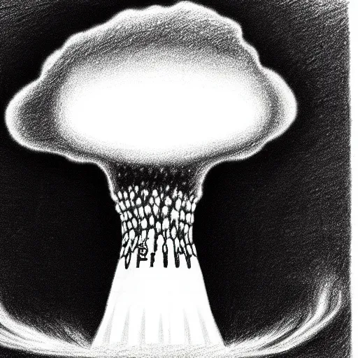 Image similar to vladimir putin's face in a nuclear mushroom cloud, cartoonish, ultra detailed pencil drawing