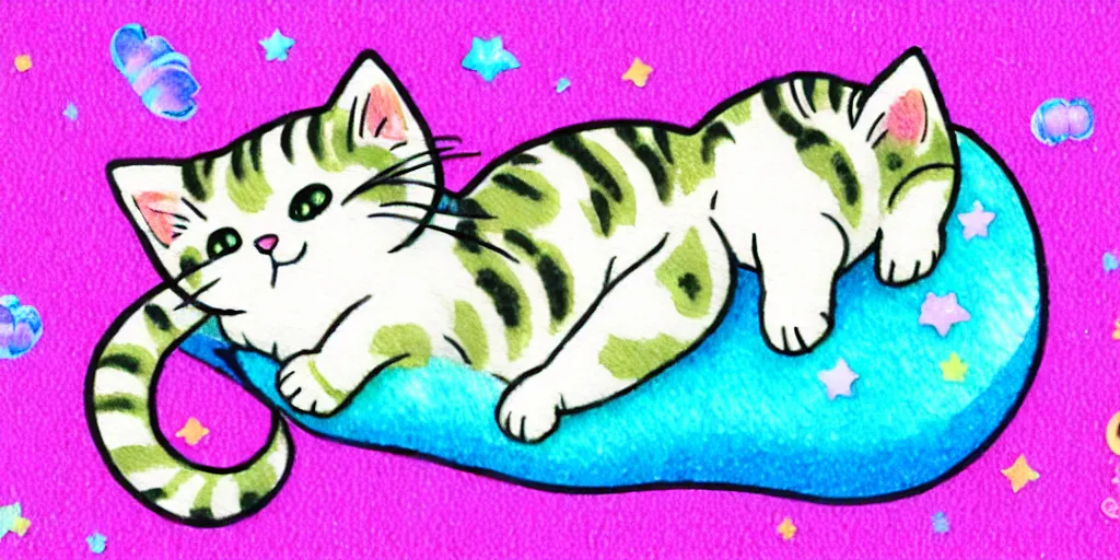 Prompt: a tiny cute kitten sleeping, puffy sticker, glitter sticker, kawaii by studio ghibli, by lisa frank 8 k pastel colours, isometric, smeared watercolours,