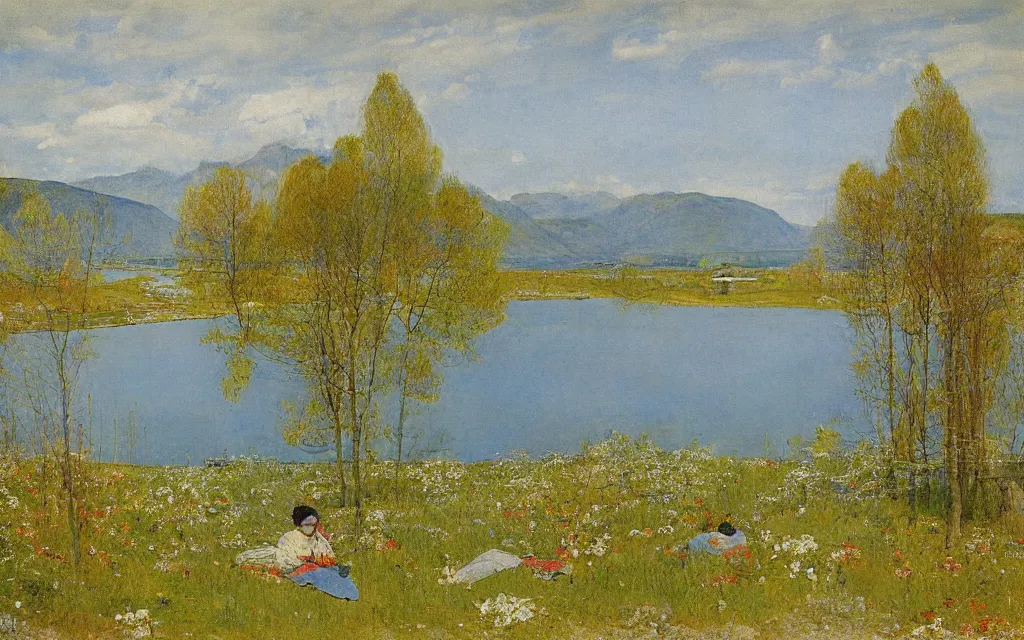 Image similar to a painting of large lake in norway, spring, oil on canvas, by carl larsson