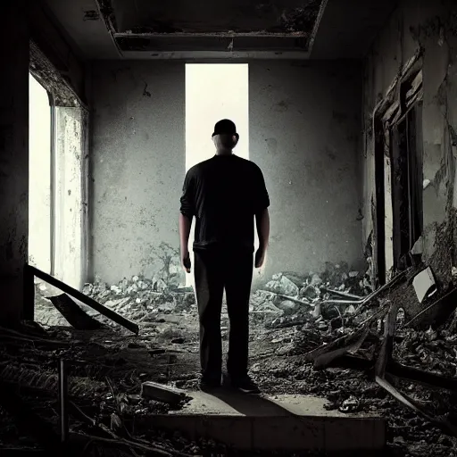 Prompt: A mysterious man standing in the middle of a stair hallway looking in the direction of the camera, the man is using a flashlight in a City in ruins with vegetation growing from the destroyed buildings :: apocalyptic, gloomy, desolate :: long shot, low angle, dramatic backlighting, symmetrical photography :: cinematic shot, highly detailed