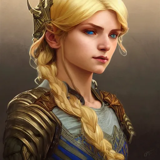 Image similar to an epic fantasy comic book style portrait painting of a young blonde girl thief, d & d, fantasy, joyful smirk, intricate, elegant, highly detailed, digital painting, artstation, concept art, matte, sharp focus, illustration, art by artgerm and greg rutkowski and alphonse mucha