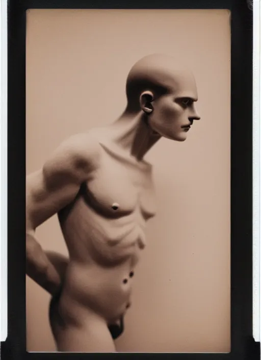 Image similar to an an android with an adult male human looking face is the thinker by auguste rodin, polaroid fashion photography, flash photography, photo taken in a back storage room where you can see empty shelves in the background, 3 / 4 view portrait head chest and arms portrait of