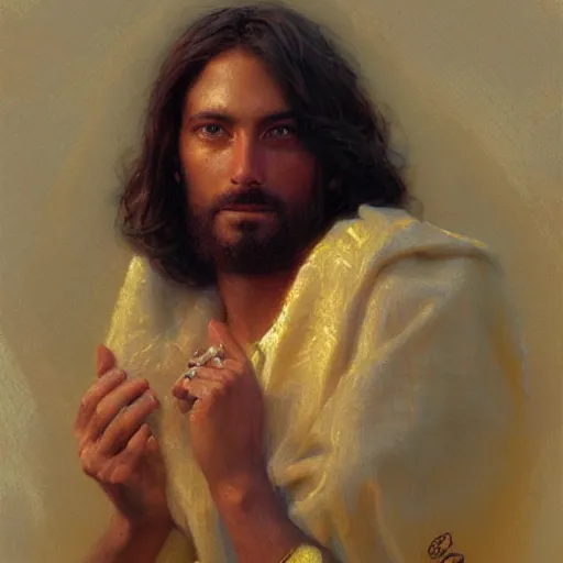 Prompt: Jesus portrait, thirst trap style, painting by Gaston Bussiere, Craig Mullins