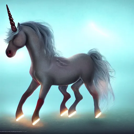 Prompt: a photorealistic fantastic unicorn 🦄 with 👠 on the surface of a volumetric lighting reddish fog on the surface of planet Mars, trending on art station, sci-fi