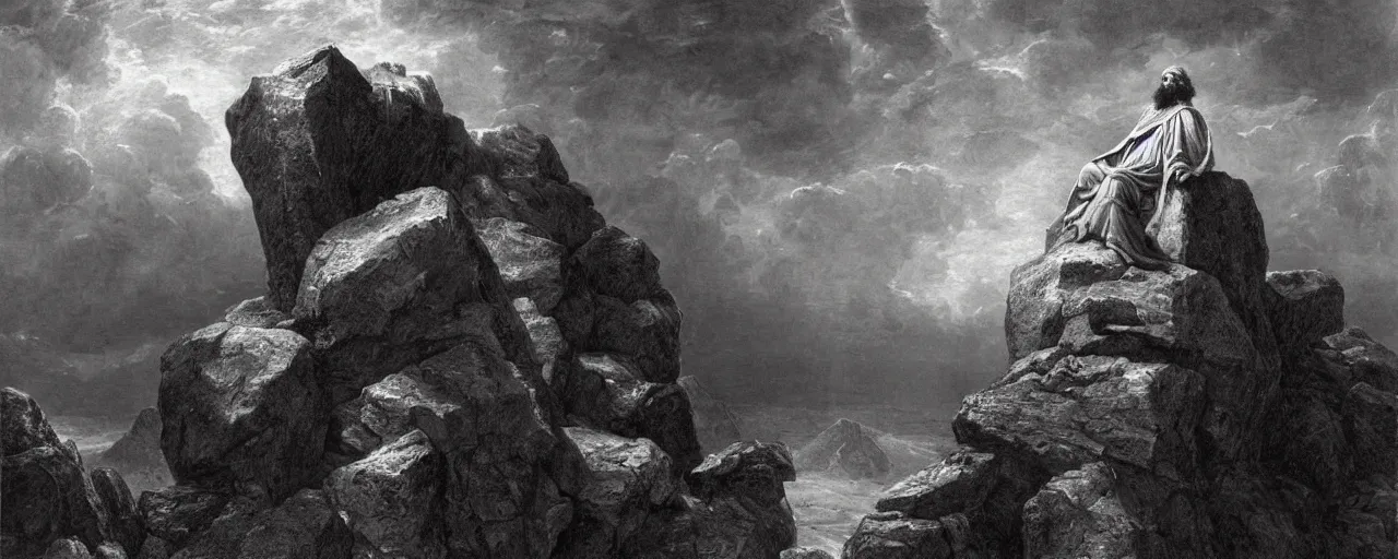 Prompt: medium shot of moses on top of a mountain holding up in the air the ten commandments stone tablets, photorealistic, highly detailed, texture, soft light, dramatic, moody, ambient, painting by gustave dore