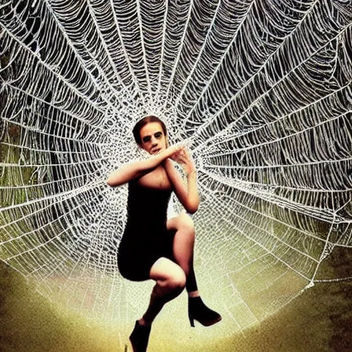 Image similar to advice animal meme emma watson hanging from and trapped in a giant spider web