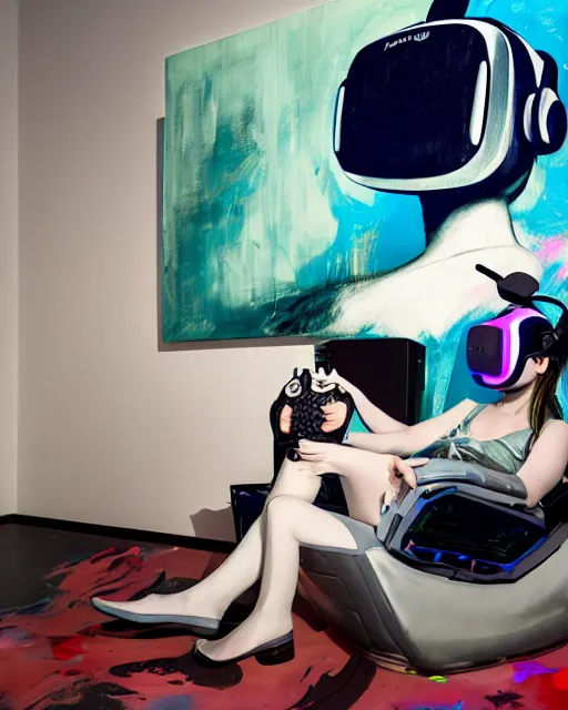 Image similar to a cosplay model reclines in a gaming computer chair wearing a vr headset and headphones holding a game controller, in a domestic interior filled with screens by james jean and luc tuymans and beeple and hernan bas and pat steir and hilma af klint, psychological, 3 d, dripping paint, high quality render, masterpiece