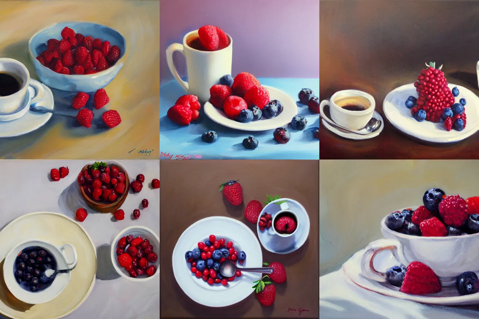 Prompt: berries and coffee, cozy breakfast, oil paint