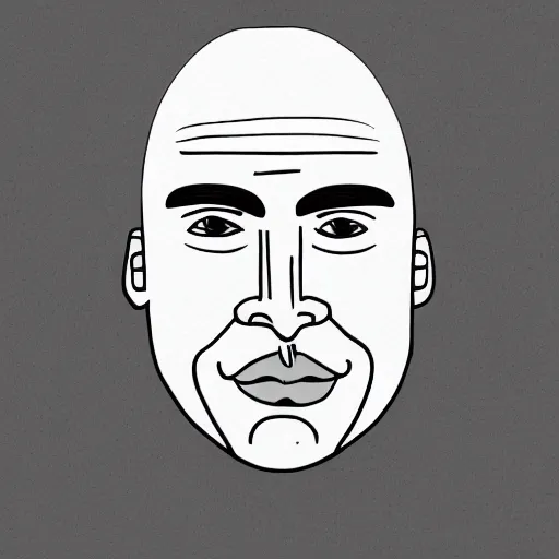 Image similar to hand - drawn minimalistic line portrait of bald man with round face, short beard, small round eyebrows, wide lips and kind blue eyes, black and white, pictogram, ink, pencil