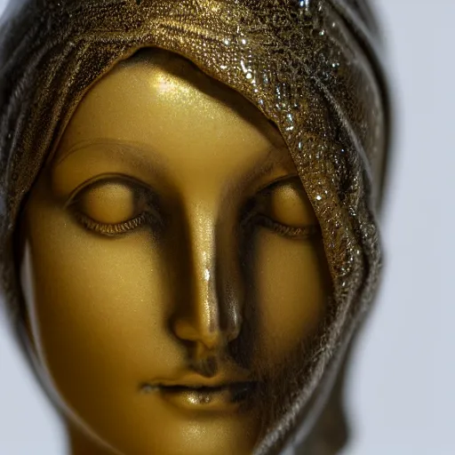 Prompt: a marble sculpture of the veiled virgin, subsurface scattering, !face, !female, covered in intricate !detailed golden streaked !!sheer veil , physically based rendering, photo realistic, top light , dark background