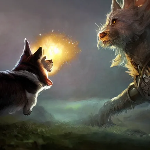 Image similar to Corgi, Anthropomorphized, casting epic spell, magic the gathering artwork, D&D, fantasy, cinematic lighting, centered, symmetrical, highly detailed, digital painting, artstation, concept art, smooth, sharp focus, illustration, volumetric lighting, epic Composition, 8k, art by Akihiko Yoshida and Greg Rutkowski and Craig Mullins, heroic pose, oil painting, cgsociety, magic lab background