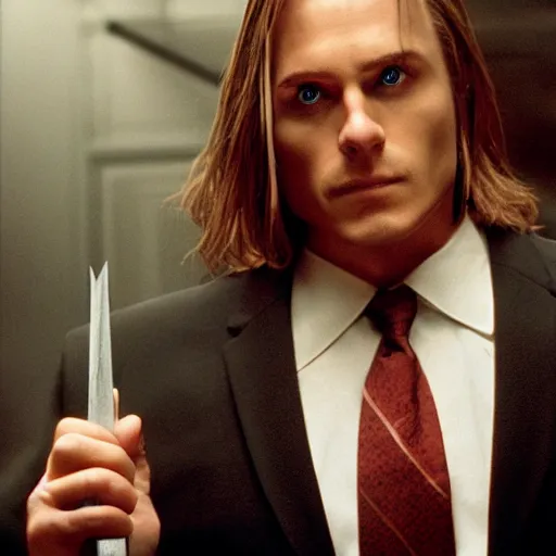 Image similar to arthas menethil as the american psycho, cinematic still