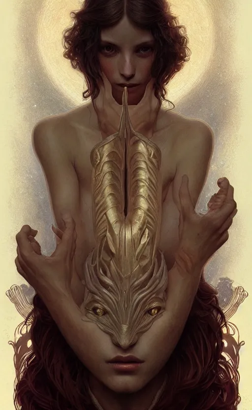 Image similar to portrait of pan from pan's labyrinth, deep focus, blade runner 2 0 4 9, fantasy, intricate, elegant, highly detailed, digital painting, artstation, concept art, matte, sharp focus, illustration, art by artgerm and greg rutkowski and alphonse mucha