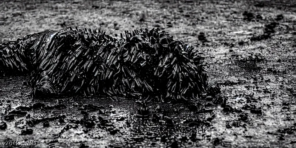 Prompt: the black lioness made of ferrofluid, reforming from a puddle of tar, viscous, sticky, full of black goo, covered with black goo, splattered black goo, dripping black goo, dripping goo, splattered goo, sticky black goo. photography, dslr, reflections, black goo, zoo, exhibit