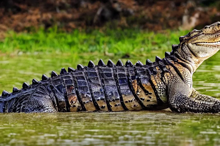 Image similar to an alligator tiger!!! hybrid! hyper realistic!! realistic lighting!! wildlife photographer of the year!!! bold natural colors, national geographic, hd, wide angle, 8 k