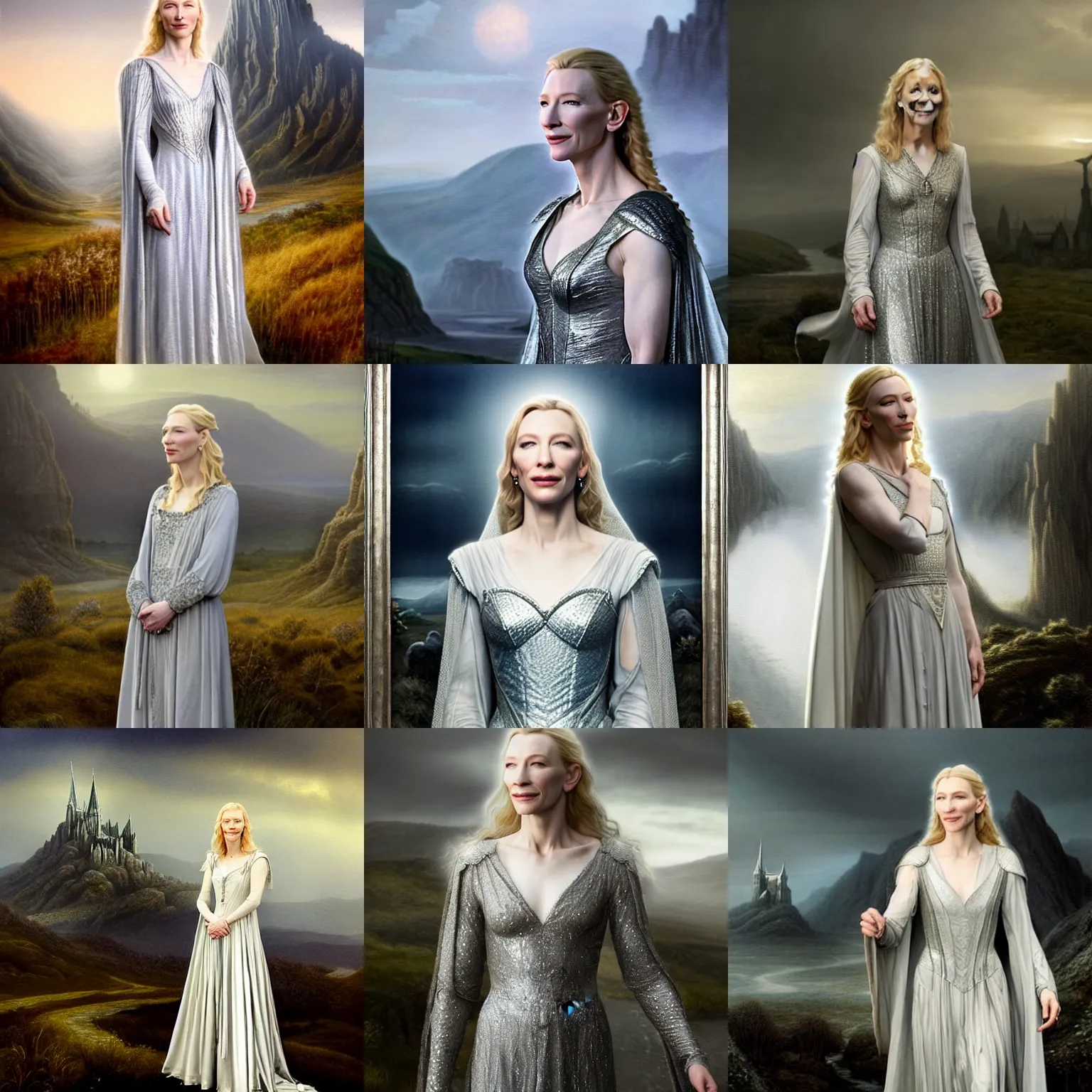 Prompt: Cate Blanchett as Galadriel in her 30s dressed in a beautiful silver dress. The background is a Transylvanian landscape. cinematic lighting, highly detailed, realistic, antique painting by Alexander Nasmyth