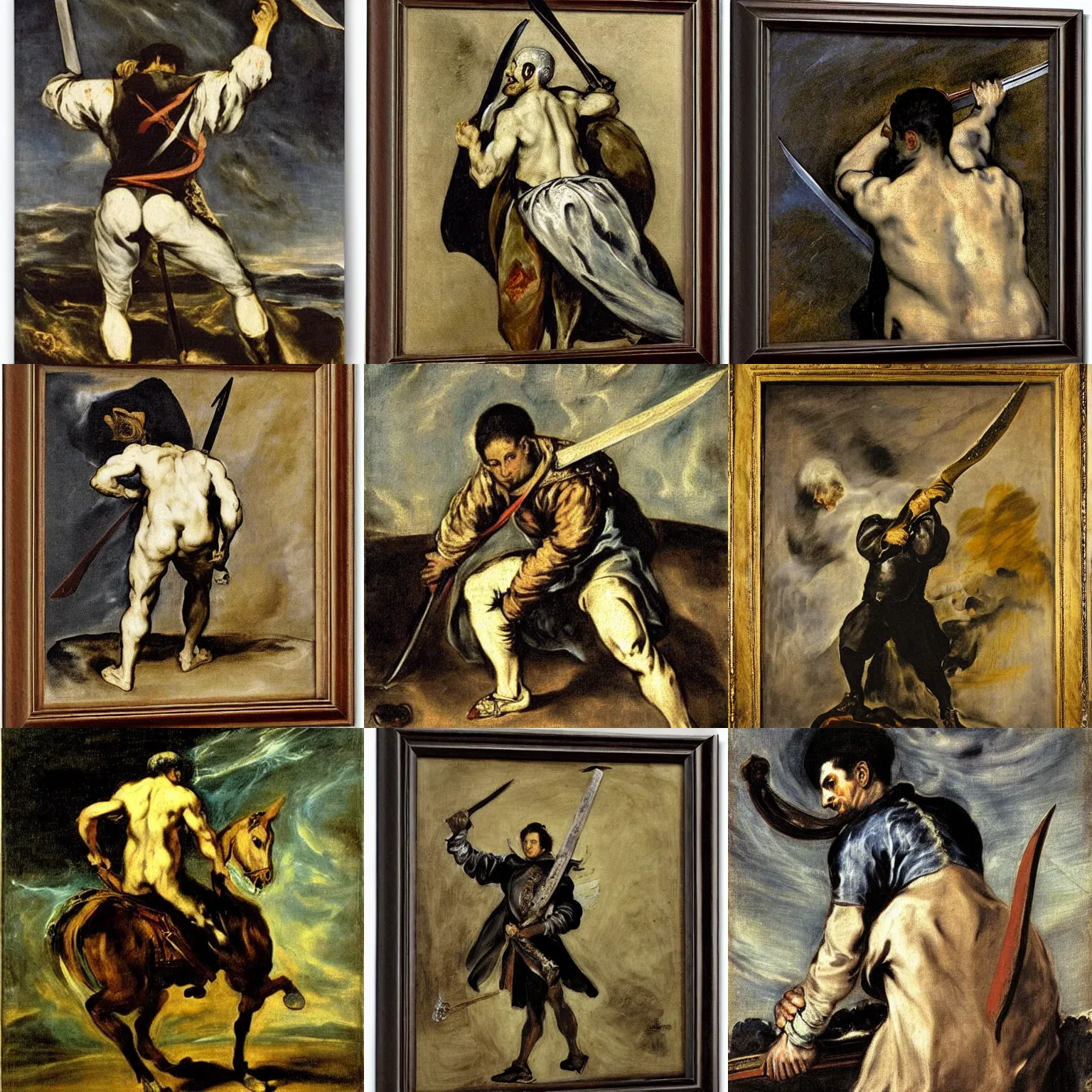 Prompt: a man with a sword on his back by el greco, diego velazquez and francisco goya.