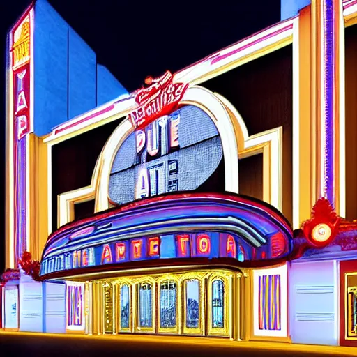 Image similar to incredible image of art deco palace movie theater from outside at night, luxury, hyper detail, hyper real,