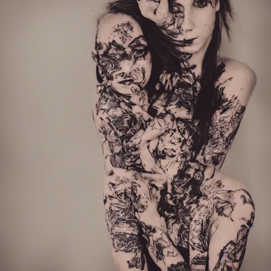 Image similar to a award winning photography of a tattooed girl, cute, cinematic