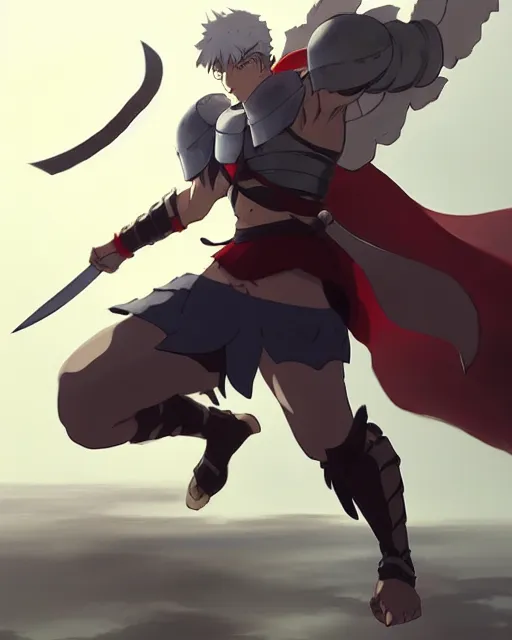 Image similar to powerful muscular warrior with a greatsword and wearing plate armor and a cape, dramatic action pose, square masculine jaw, short messy hair, trending on pixiv fanbox, by greg rutkowski makoto shinkai takashi takeuchi studio ghibli, akihiko yoshida