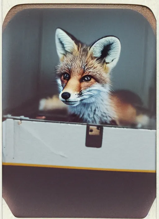 Prompt: faded polaroid photo of curious baby fox inside a cardboard box on a truck trailer