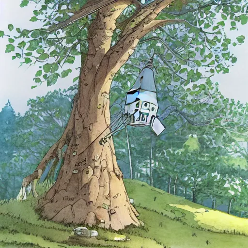 Image similar to laputa castle in the sky robot hayao miyazaki stands in a small clearing among trees, watercolor illustration for a book