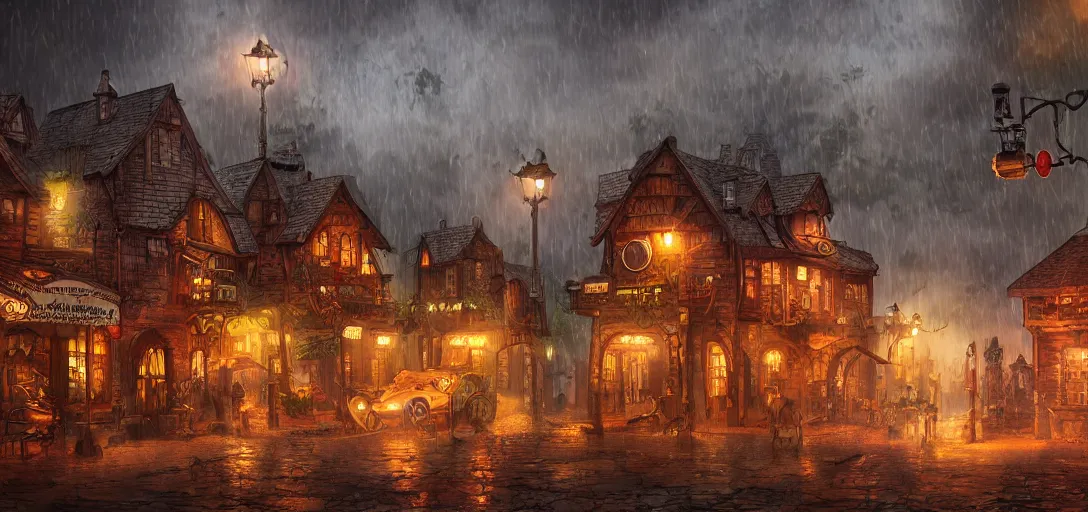 Image similar to Look of a steampunk village, rain, evening, cartoon moody scene, digital art, 8k, colorful details