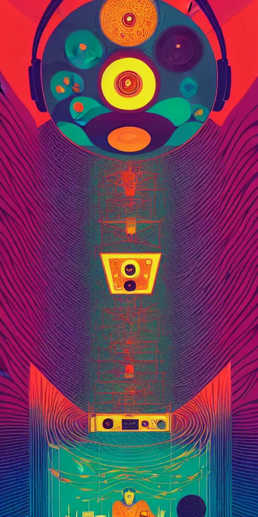 Image similar to giant concert festival speakers, wall of sound, music studio, poster art by victo ngai, ori toor, kilian eng behance contest winner, crystal cubism, poster art, cubism, tarot card, psychedelic art, concert poster, poster art, maximalist