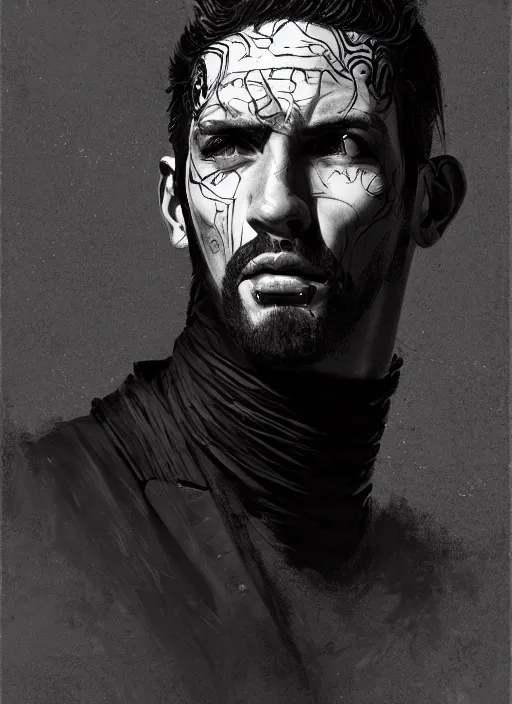 Prompt: portrait of a man with a roman nose and a confident expression, 1 9 6 0 s, black clothes, punk, funk, intricate, elegant, highly detailed, digital painting, artstation, concept art, smooth, sharp focus, illustration, art by wlop, mars ravelo and greg rutkowski