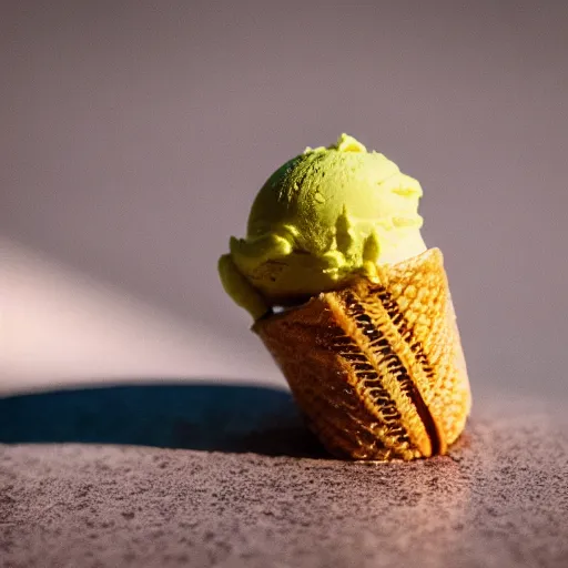 Image similar to detailed color photograph of a levitating ice cream cone with hairy, wriggling spider legs. shallow depth - of - field. dramatic light.