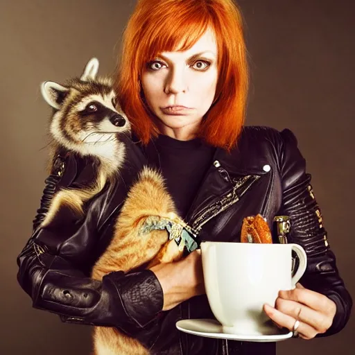 Image similar to a photo by arbus of a slender beautiful woman with straight ginger hair and bangs, wearing purple leathers and gold helmet, posing with large ginger tabby and raccoon on a motorcycle in her front yard, holding coffee mug and toasted brioche bun, fashion photography, dramatic lighting, 8 5 mm lens