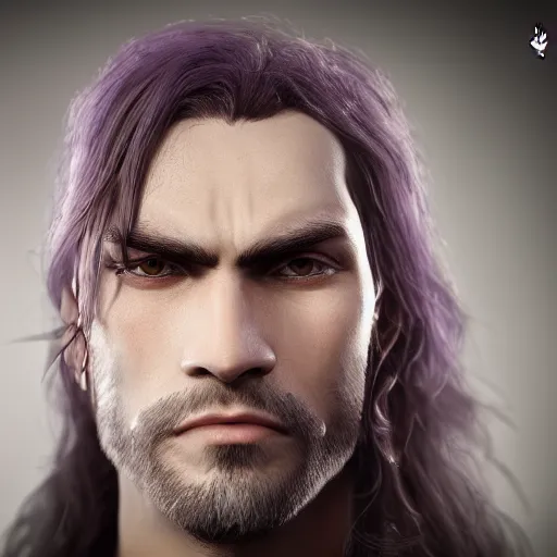 Image similar to a highly detailed portrait of a man with purple eyes, light gray long hair, beardless, without a beard, wearing a black cloak, artstation, DeviantArt, professional, octane render