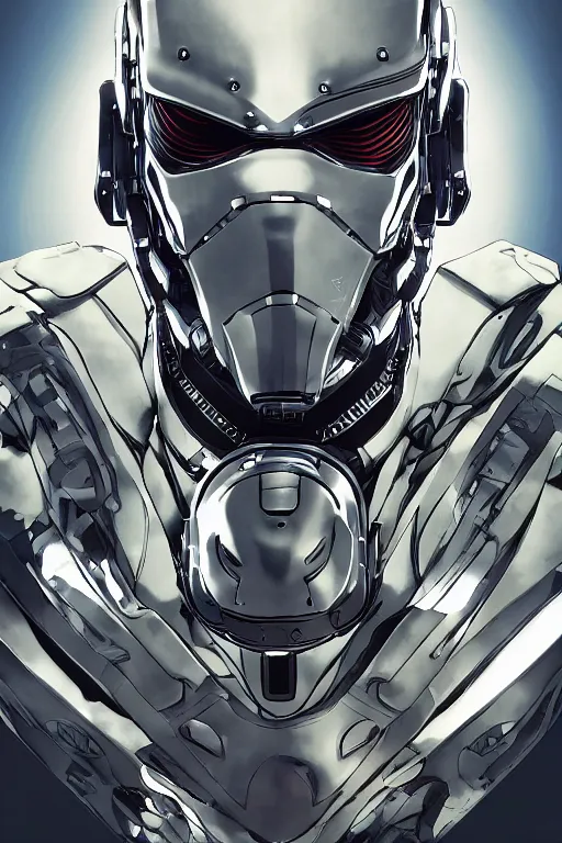 Image similar to cyber cyborg ninja mask helmet metal gear solid artic suit swat commando, global illumination ray tracing hdr fanart arstation by sung choi and eric pfeiffer and gabriel garza and casper konefal, a spectacular view cinematic rays of sunlight comic book illustration, by john kirby