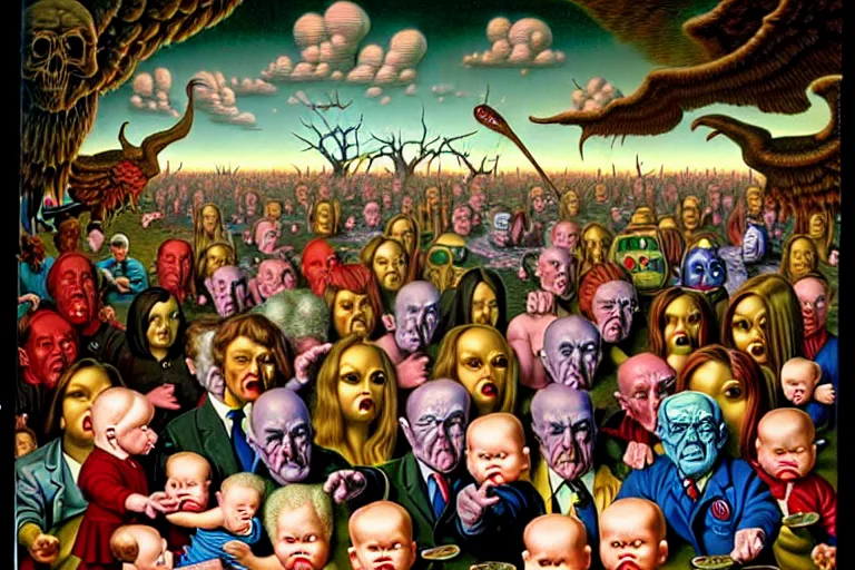 Image similar to a sparsely populated strange battle in an old hospital between old people and babies Robert Williams Mark Ryden and Alex Gross, Todd Schorr highly detailed deep perspective perfect composition