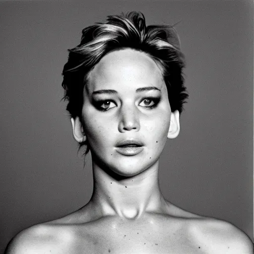 Image similar to Jennifer Lawrence tripping hard. Close-up studio portrait by Robert Mapplethorpe. Tri-x.