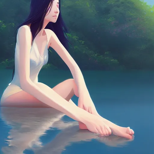 Image similar to woman sitting with her feet in a lake, beautiful and relaxing, very very very long hair, Makoto Shinkai ilya kuvshinov and Wojtek Fus