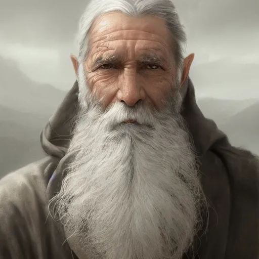 Image similar to portrait of an old man with long gray beard and a blind eye with a scar and him wearing a white cape with a hood on, Matte painting , detailed painting, made by Greg Rutkowski, 4k, atmospheric