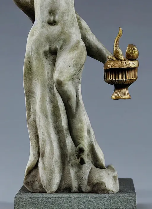 Image similar to A marble statue of a squirrel holding an acorn in the style of Statue of Liberty. museum photo