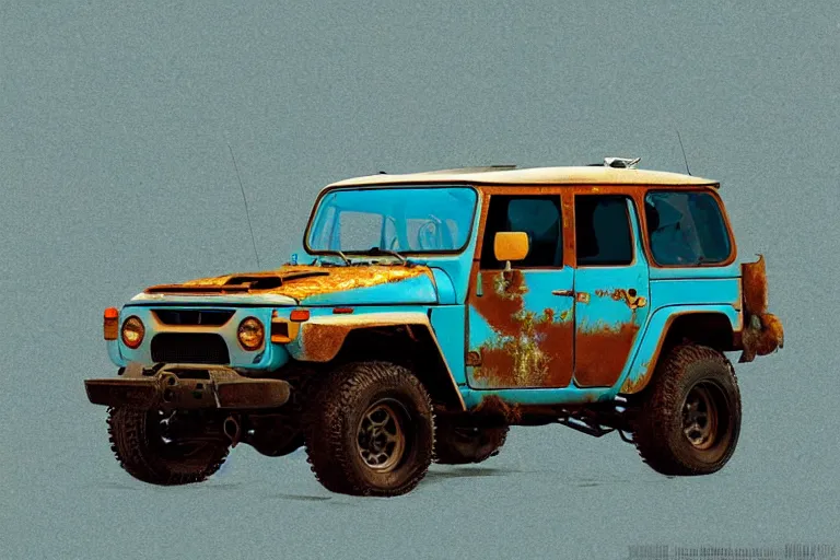 Image similar to digital illustration of a faded cyan mad max's fj 4 0 decrepit!!!! pursuit special, rusty!!! nissan fj cruiser heavily modded 1 9 9 0 s, the last v 8 interceptor by makoto shinkai, ilya kuvshinov, lois van baarle, rossdraws, basquiat